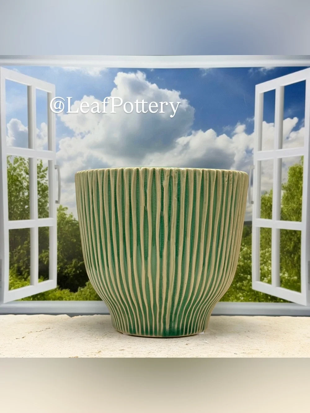 Boho Green Ribbed Ceramic Planter with Drainage Hole | Fluted Plant Pot